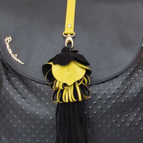 Braccialini fashion luxury dots black leather handbag with yellow rose pendant Best Deal in New York